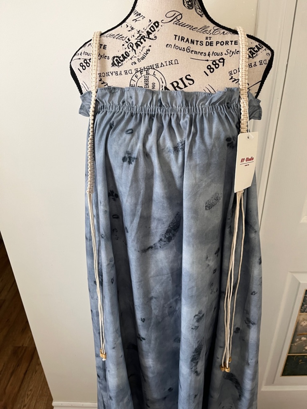 Boho Light Blue Tie-Dye Maxi Dress with Adjustable Neck - Picture 3 of 11